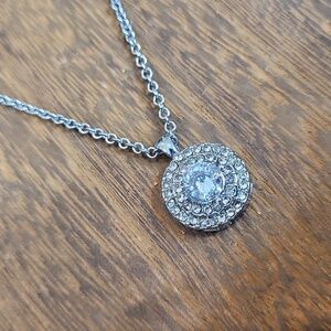 Cubic Zirconia Circular Round Pendant Silver Tone Necklace w/ Extender
